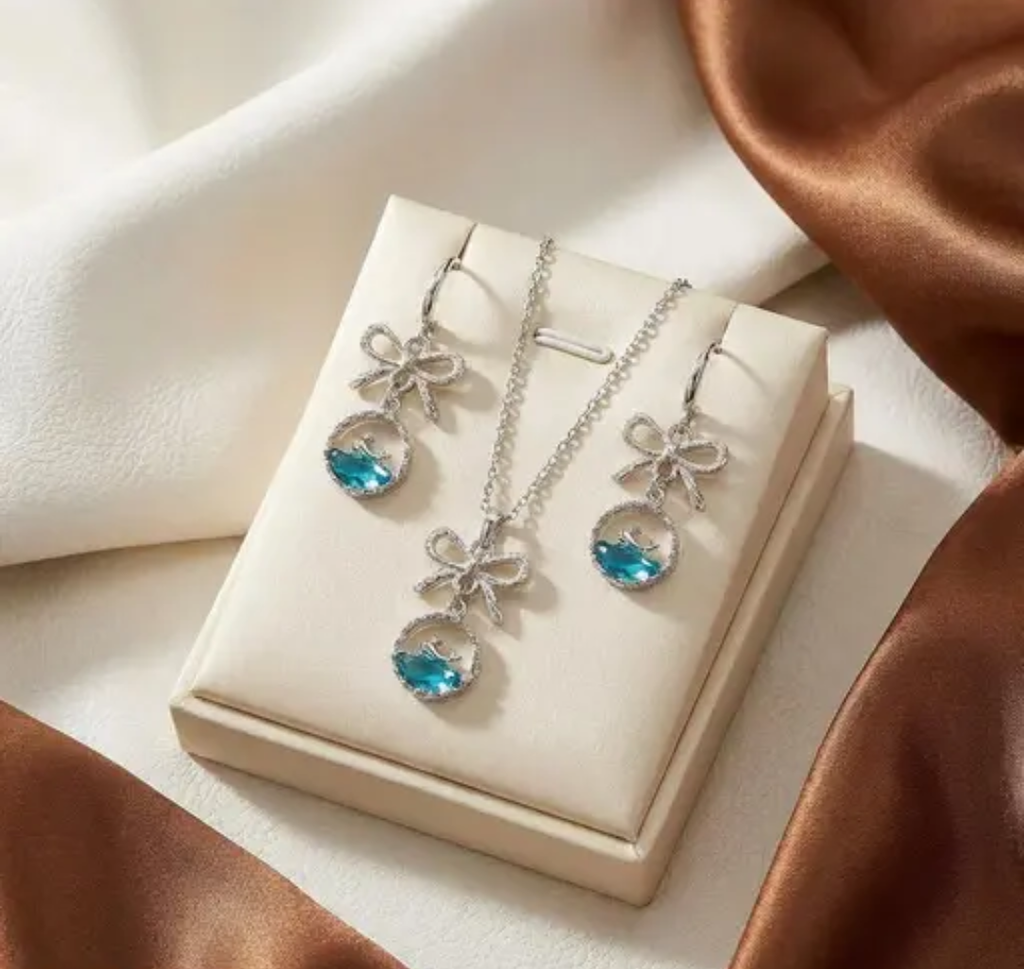 Premium Silver Plated Blue Dolphin Crystal Bow Necklace & Earrings
