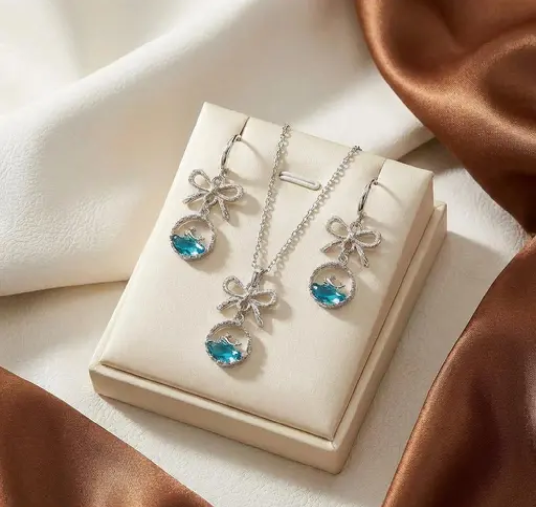 Premium Silver Plated Blue Dolphin Crystal Bow Necklace & Earrings
