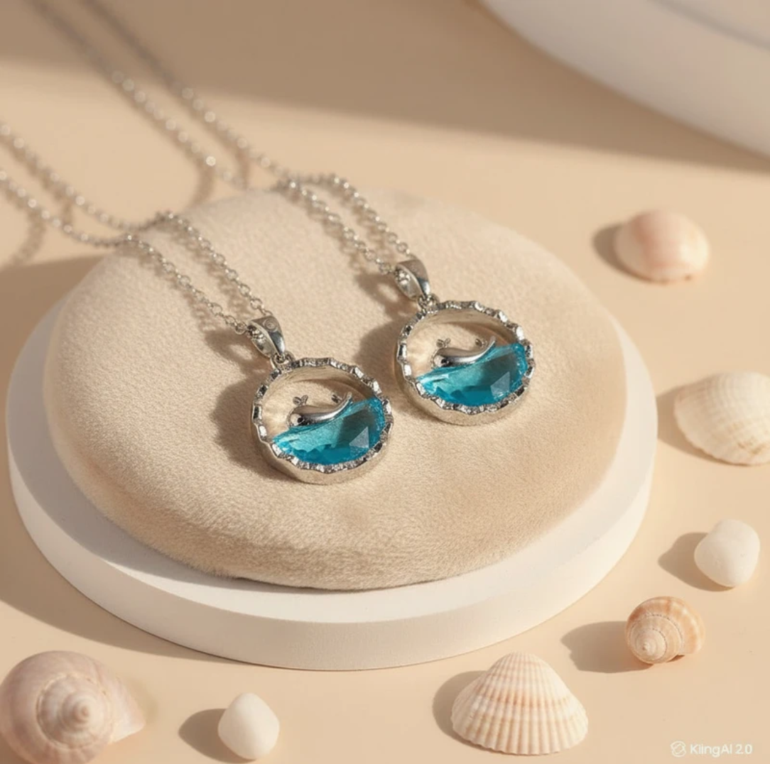 Premium Silver Plated Blue Dolphin Crystal Bow Necklace & Earrings