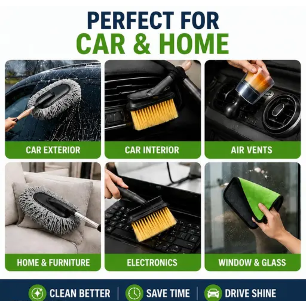 Multi Purpose Car Cleaning Brush Kit with Extendable Handle Microfiber Duster