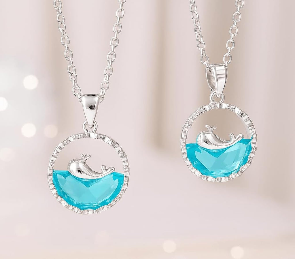 Premium Silver Plated Blue Dolphin Crystal Bow Necklace & Earrings