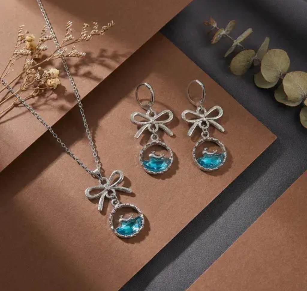 Premium Silver Plated Blue Dolphin Crystal Bow Necklace & Earrings
