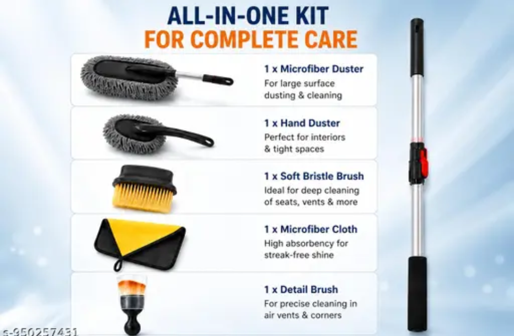 Multi Purpose Car Cleaning Brush Kit with Extendable Handle Microfiber Duster